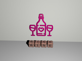 wine 3D icon on the wall and cubic letters on the floor, 3D illustration for background and alcohol