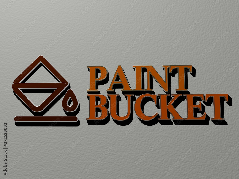 Poster 3d graphical image of paint bucket vertically along with text built by metallic cubic letters from t