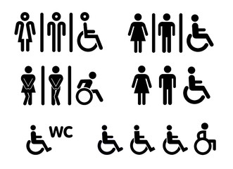 Wc world toilet day. Bathroom or restroom icons. Funny vector pissing signs. For handicap people, woman, man or gender to peeing pictogram. Human handicap toilets seat   with wheelchair logo.  - obrazy, fototapety, plakaty