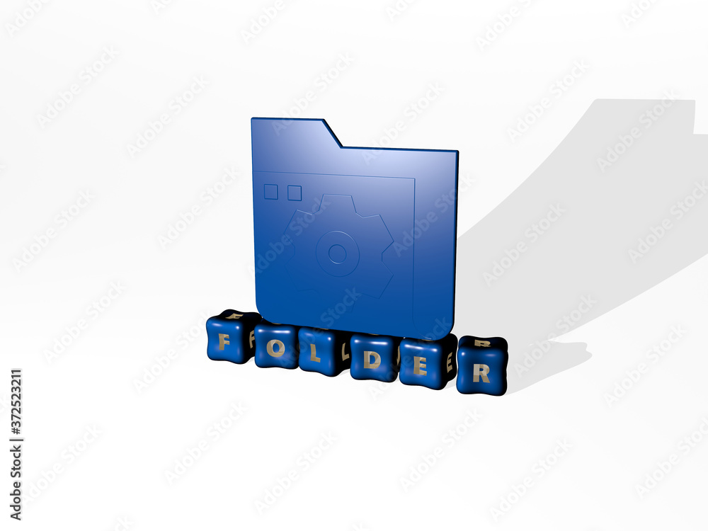 Aufkleber folder 3d icon object on text of cubic letters, 3d illustration for business and background
