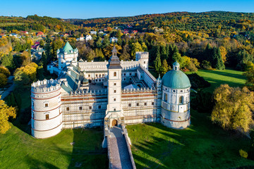 Renaissance castle and park in Krasiczyn near Przemysl , Poland. Aerial view in fall in sunset light © nahlik