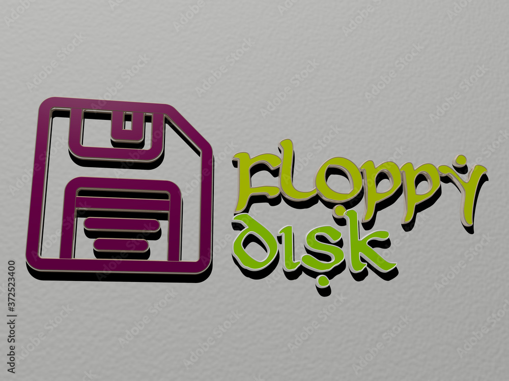 Poster 3d graphical image of floppy disk vertically along with text built by metallic cubic letters from th
