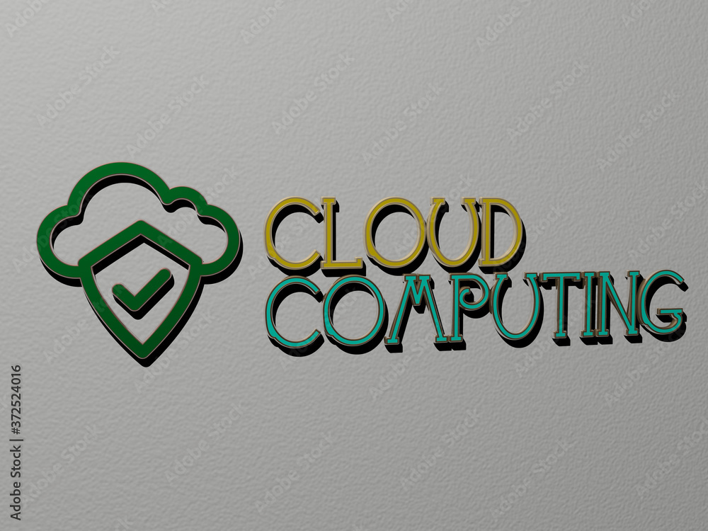 Poster 3d illustration of cloud computing graphics and text made by metallic dice letters for the related m