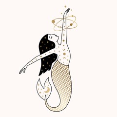 Mermaid Woman and Astrology Illustration in Vector Design.