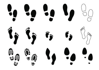 Human bare walk footprints shoes and shoe sole Kids feet and foot steps Fun vector baby footsteps icon or sign for print Kid step for trail Walking footstep and footprint for trekking or follow route