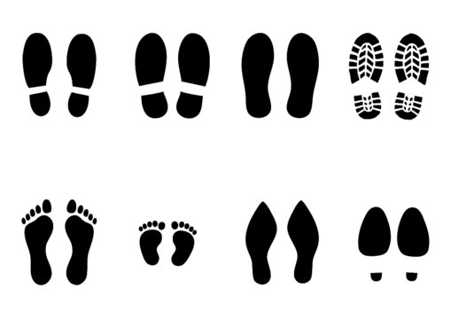 Human bare walk footprints shoes and shoe sole Kids feet and foot steps Fun vector baby footsteps icon or sign for print Kid step for trail Walking footstep and footprint for trekking or follow route