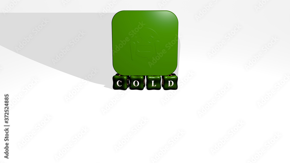 Poster cold 3d icon object on text of cubic letters, 3d illustration for background and winter