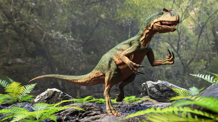 Allosaurus fragilis in a forest. Dinosaur realistic and scientific 3D rendering illustration reconstitution.