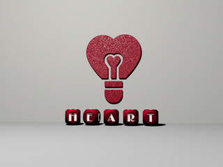3D illustration of HEART graphics and text made by metallic dice letters for the related meanings of the concept and presentations for background and love