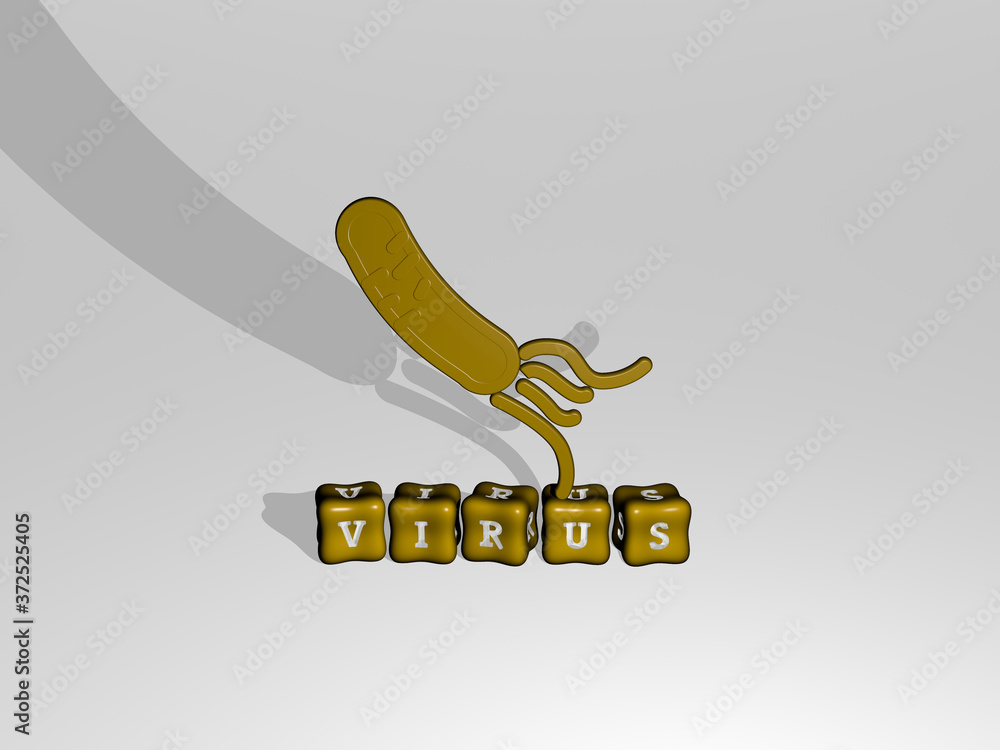 Poster virus 3d icon object on text of cubic letters, 3d illustration for background and concept