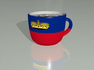 3D illustration of liechtenstein placed on a cup of hot coffee with a realistic perspective and shadows mirrored on the floor