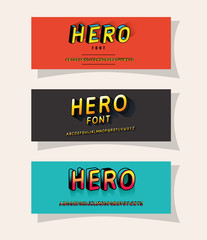 3d hero lettering set on red gray and blue backgrounds design, typography retro and comic theme Vector illustration © Grgroup
