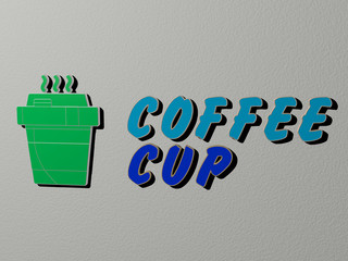 3D illustration of coffee cup graphics and text made by metallic dice letters for the related meanings of the concept and presentations for background and cafe