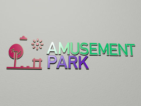 3D illustration of amusement park graphics and text made by metallic dice letters for the related meanings of the concept and presentations for background and attraction