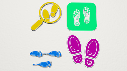 Fototapeta na wymiar FOOTPRINTS colorful set of icons, 3D illustration for background and beach
