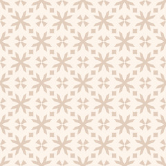 Vector geometric floral pattern. Seamless texture in ethnic style. Abstract ornament with small flower shapes, crosses, squares. Beige colored background. Simple repeat design for decor, wallpapers