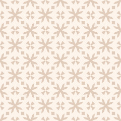 Vector geometric floral pattern. Seamless texture in ethnic style. Abstract ornament with small flower shapes, crosses, squares. Beige colored background. Simple repeat design for decor, wallpapers