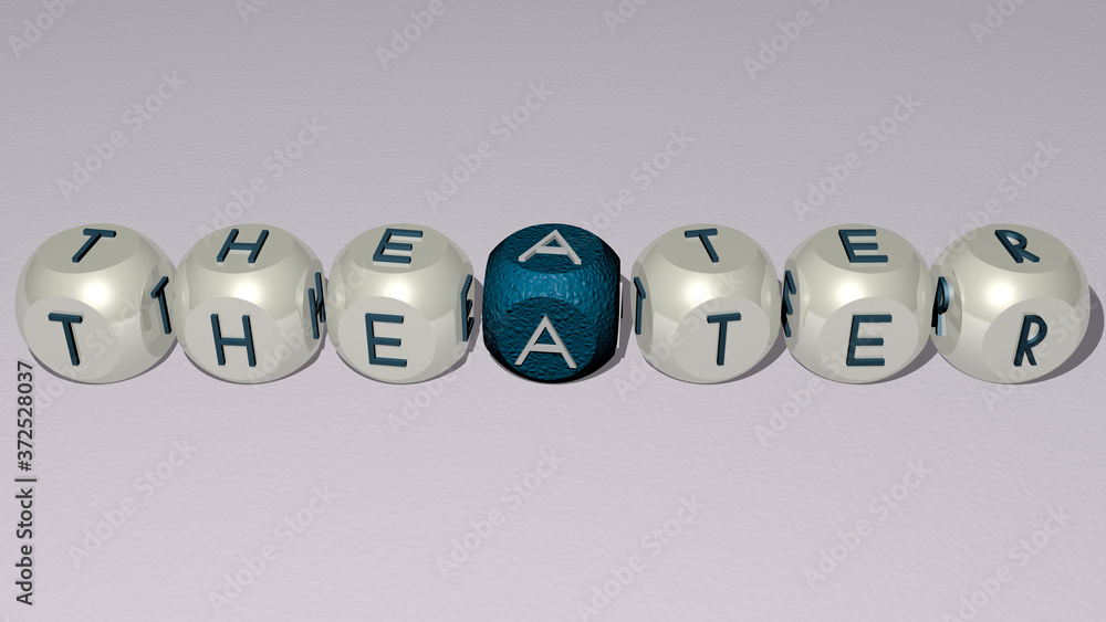 Poster theater text by cubic dice letters, 3d illustration for architecture and background