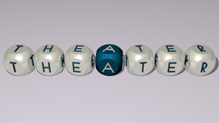 THEATER text by cubic dice letters, 3D illustration for architecture and background