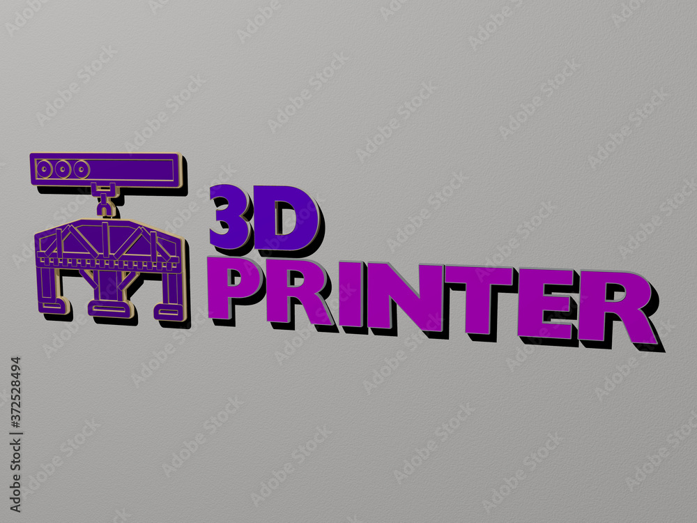 Poster 3d representation of 3d printer with icon on the wall and text arranged by metallic cubic letters on