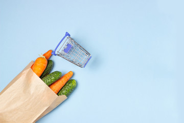 Paper bag with food stock vegetables. Food delivery and donation service. Copy space