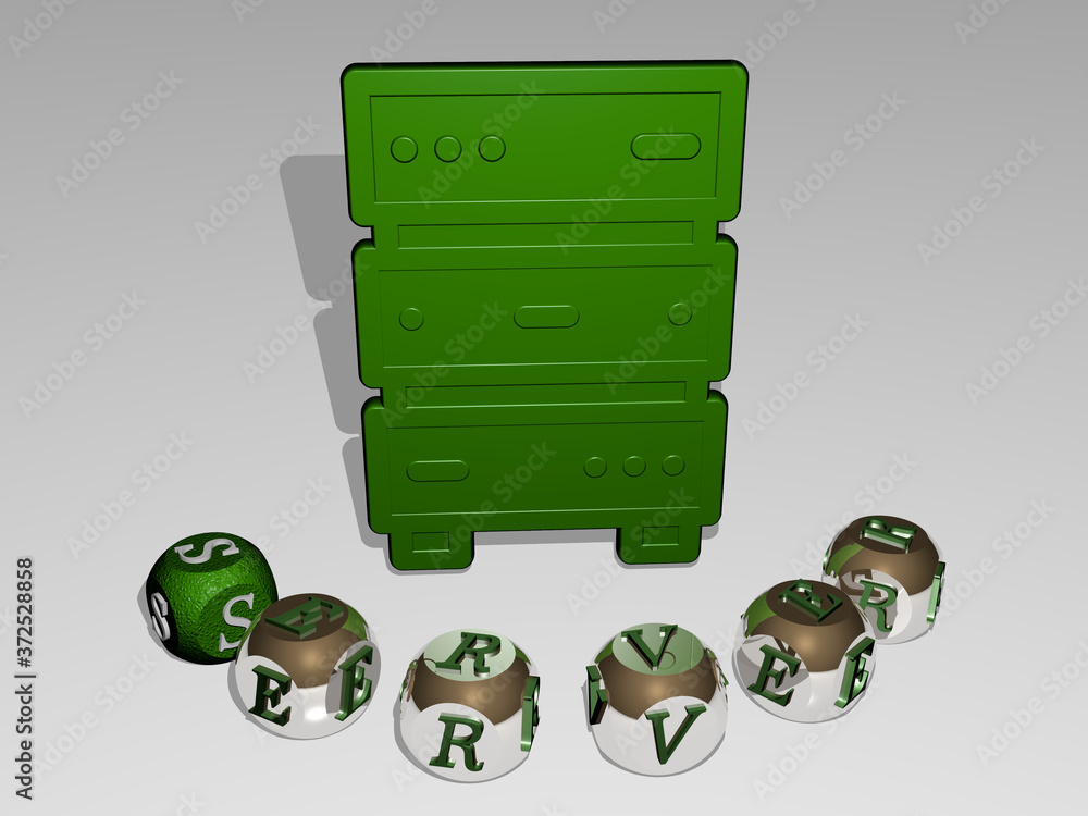 Poster server round text of cubic letters around 3d icon, 3d illustration for data and computer