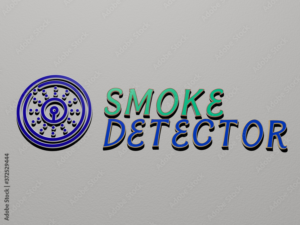 Aufkleber 3d representation of smoke detector with icon on the wall and text arranged by metallic cubic letter