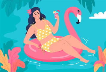 Young woman swimming on the flamingo life buoy cartoon vector illustration
