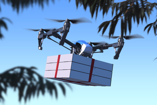 Drone Delivering Pizza Boxes to Buyer From Restaurant. Quadcopter Flying at Street. Contactless Delivery. Online Shopping. 3d rendering