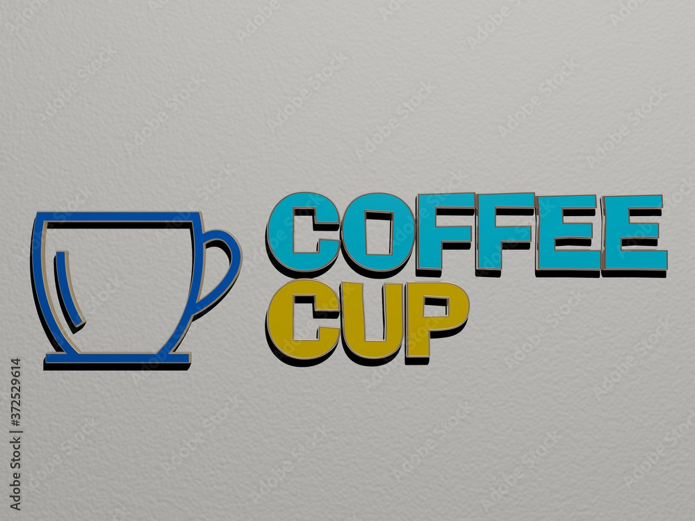 Poster 3d representation of coffee cup with icon on the wall and text arranged by metallic cubic letters on