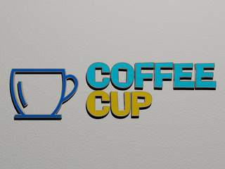 3D representation of coffee cup with icon on the wall and text arranged by metallic cubic letters on a mirror floor for concept meaning and slideshow presentation for background and cafe