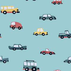 Cars vector seamless pattern design hand-drawn childish style - fabric, wrapping, textile, wallpaper, apparel design for kids.
