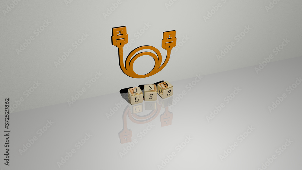Poster usb text of cubic dice letters on the floor and 3d icon on the wall, 3d illustration for background 