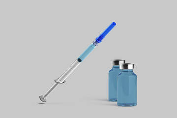 Glass Vaccine Bottles With Light Blue Liquid Content and Syringe. MedicineOr Beauty Product on Light Gray Background. 3D rendering