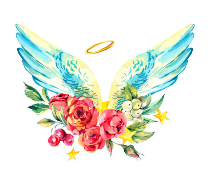 Vintage watercolor floral angel wings isolated on white background