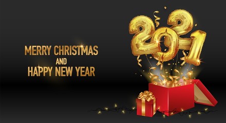 Happy New year and Christmas 2021. Festive vector illustration of gold metal numbers 2021.Numbers fly out of a confetti box on a black background. 3d-sign. Festive poster or banner design.