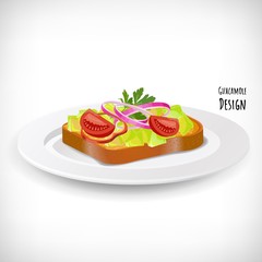 Vector design with guacamole salad ingredients and toast. Avocado cubes, red hot pepper, tomato, onion, coriander leaf on white ceramic plate. Lettering Guacamole Design.