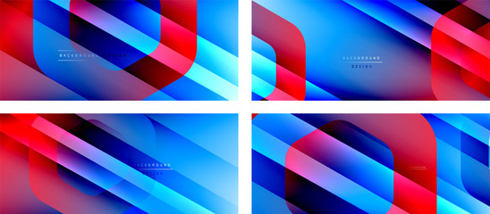 Set of hexagon geometric shapes and fluid gradients with 3d shadow and light straight lines, minimal abstract backgrounds