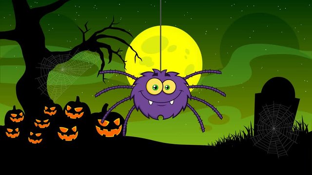 Funny Spider Cartoon Character. 4K Animation Video Motion Graphics With Halloween Background