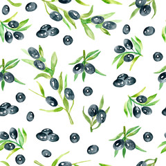 Pattern with Olives watercolor. Ayurvedic herbs. Pattern with black olives on a twig. Elements with plants and leaves. Printing on fabrics, clothing, and dishes. Design of notebooks and albums.