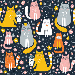 Seamless pattern with cute cat. Kids print. Vector