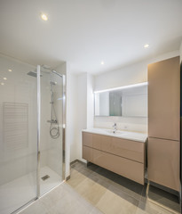 Modern bathroom interior design wood and stone