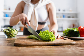 cropped view of woman cutting fresh lettuce on chopping board