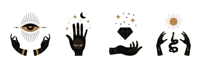 Boho doodle mystic hands. Hand drawn esoteric icons, simple feminine logo set with moon eye sun snake. Vector illustration