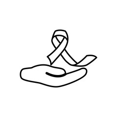 hand and breast cancer ribbon icon, line style