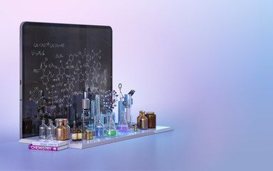 Distance learning, online education, back to school concept. Chemistry lab equipment, formulas on tablet screen, color background. Online video chemistry digital classroom lesson 3D design composition