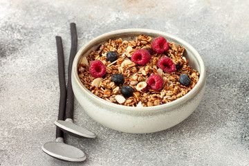Homemade Granola with fresh berries. Healthy Breakfast.