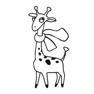 Funny cartoon giraffe with scarf. Black and white vector hand drawn illustration for coloring book