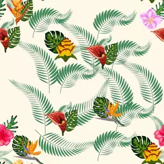 Poster Im Rahmen Seamless tropical pattern with palm, monstera leaves and many flowers of hibiscus, sterlitz, tropical © MichiruKayo