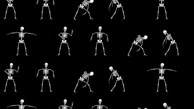 Skeleton dance video pattern. Funny halloween party background. 3d loop animation.